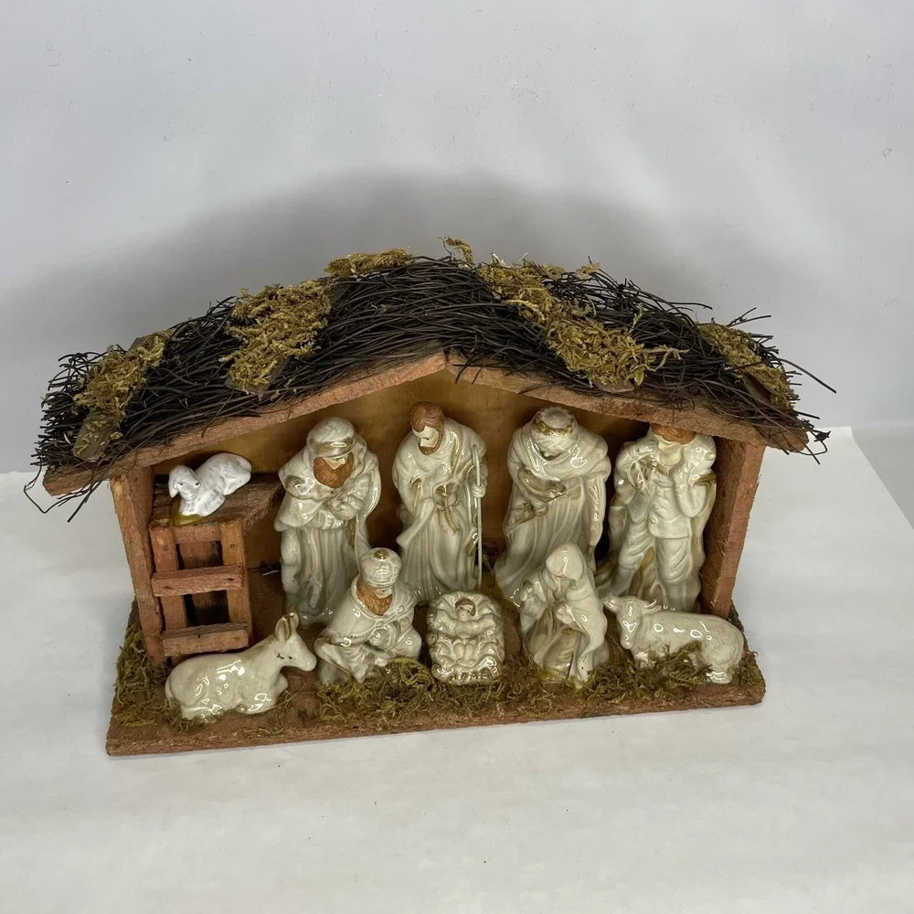 Nativity Set Porcelain Fixed Figures Wooden Creche C7699 In Box Appx 12